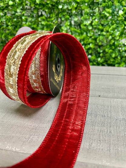 John Mark 1.5 Inch By 5 Yard Red And Gold Metallic Trim Dupioni Ribbon
