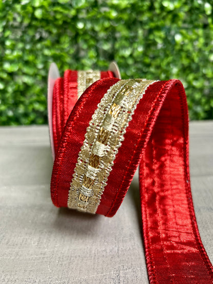 John Mark 1.5 Inch By 5 Yard Red And Gold Metallic Trim Dupioni Ribbon