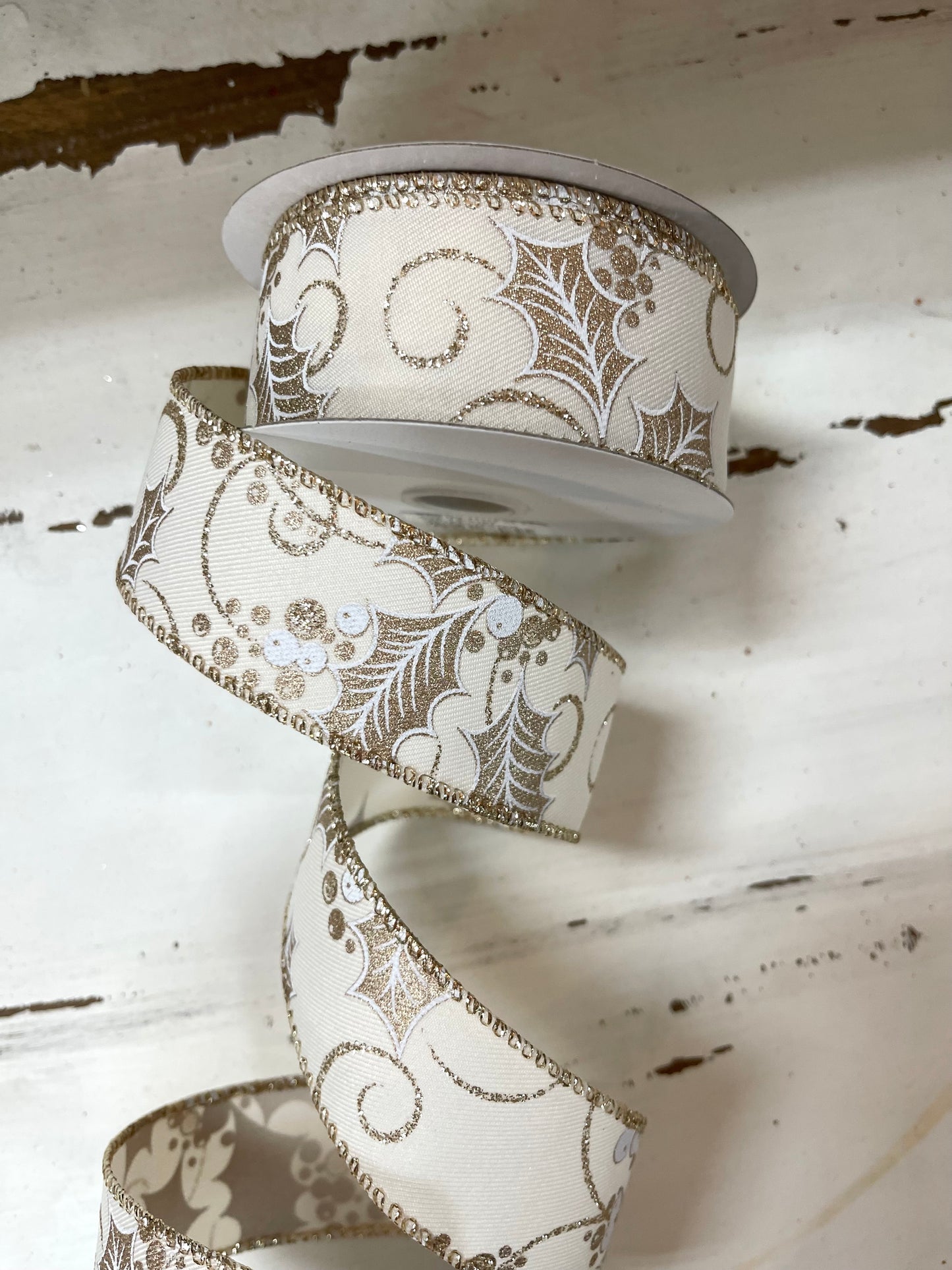 1.5 Inch Cream Champagne White Holly Berry Ribbon