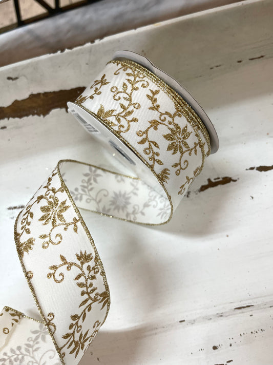 1.5 Inch By 10 Yard Ivory And Gold Mini Poinsettia With Swirl Ribbon
