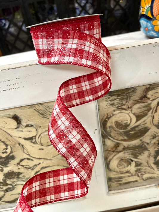 1.5 Inch Frosted Glitter Red White Plaid Ribbon