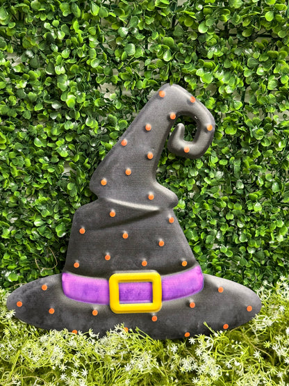 12 Inch Black With Orange Polka Dots Metal Embossed Witch Hat
