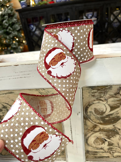 2.5 Inch Natural Linen Santa Face Polka Dot Ribbon