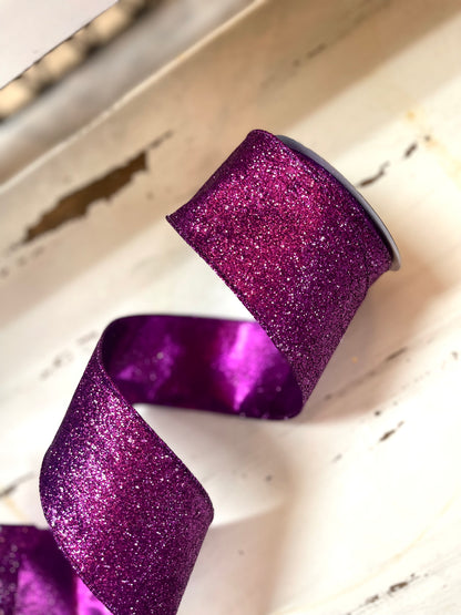 2.5 Inch By 10 Yard Purple Glitter On Metallic Ribbon