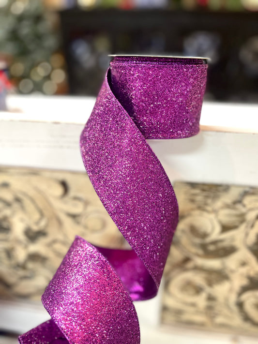 2.5 Inch By 10 Yard Purple Glitter On Metallic Ribbon