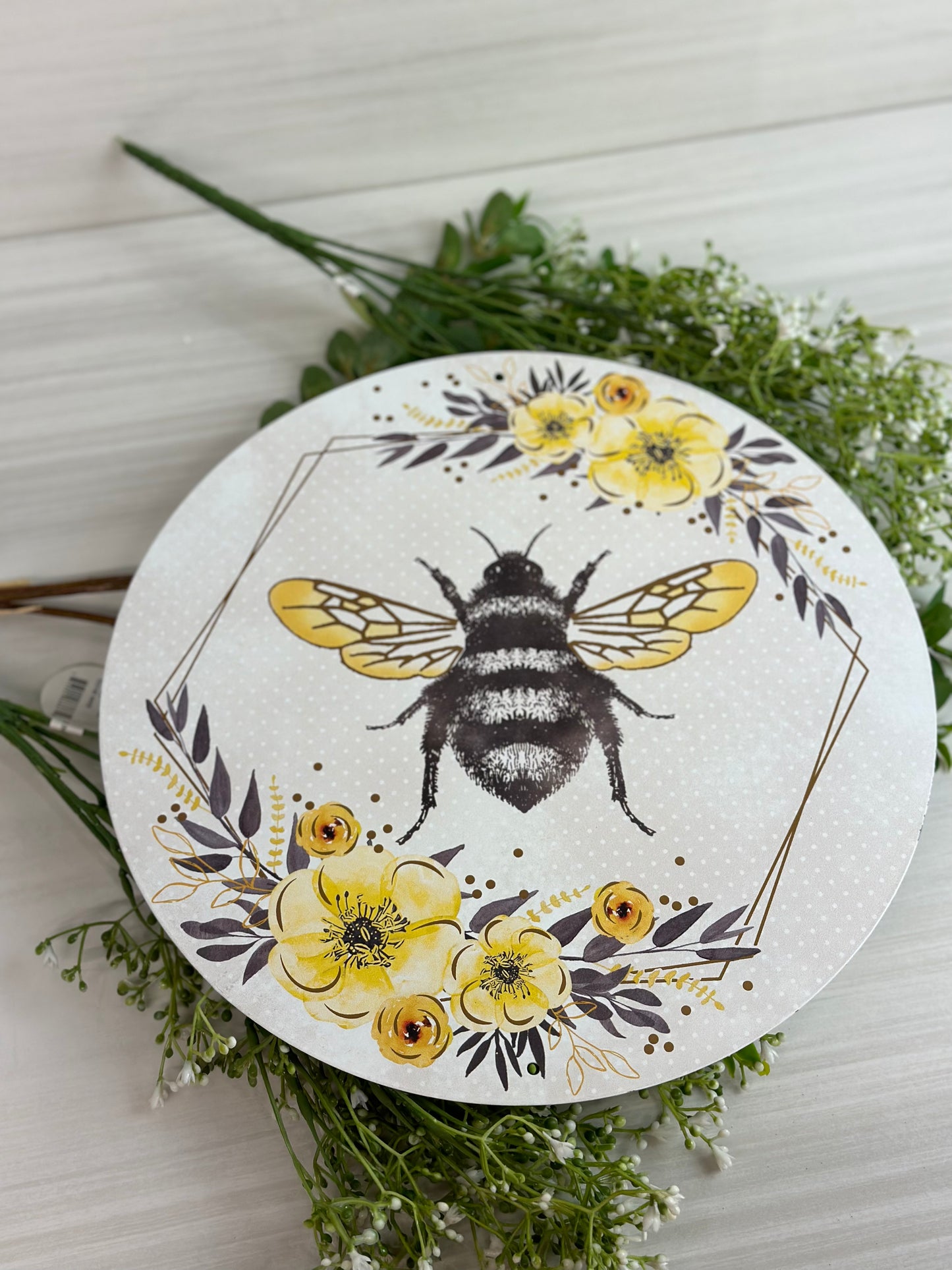 12 Inch Bee With Florals Metal Sign