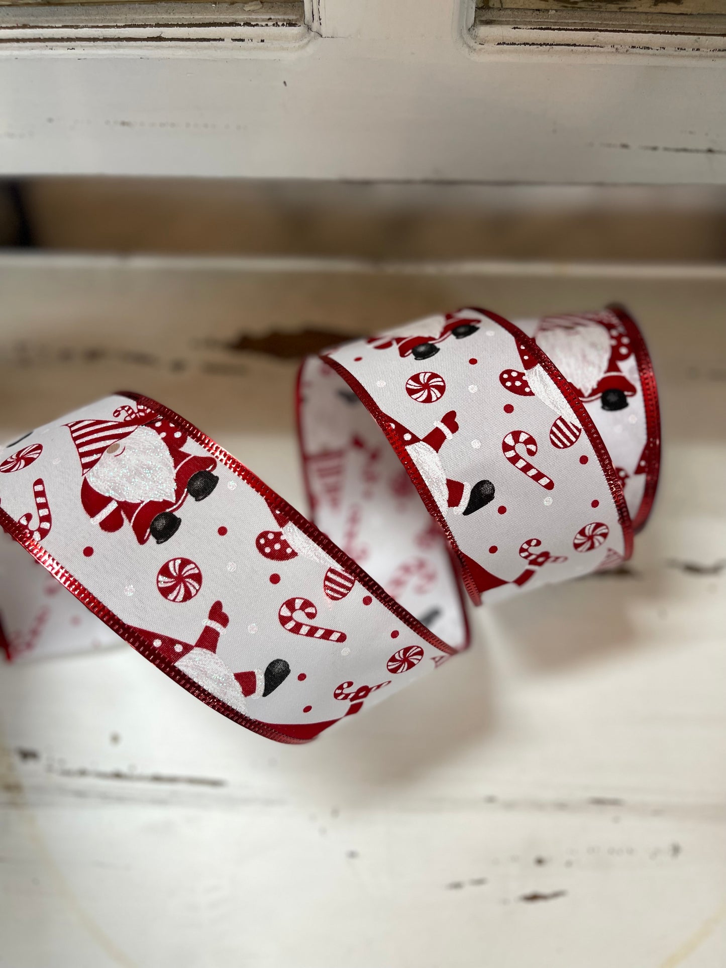 2.5 Inch Ribbon With White Background With Gnomes With Candy Canes