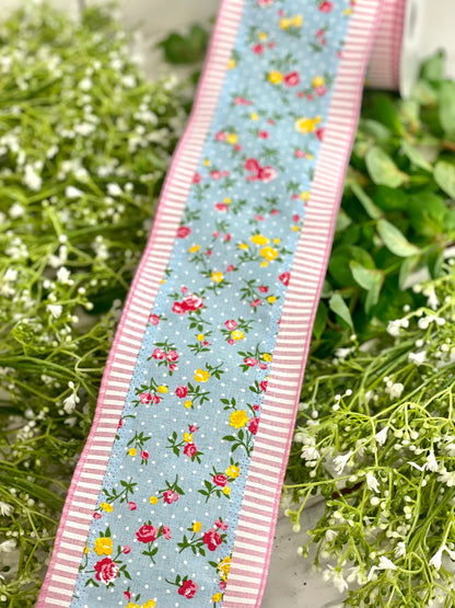 4 Inch By 10 Yard Vintage Floral Stripe Ribbon