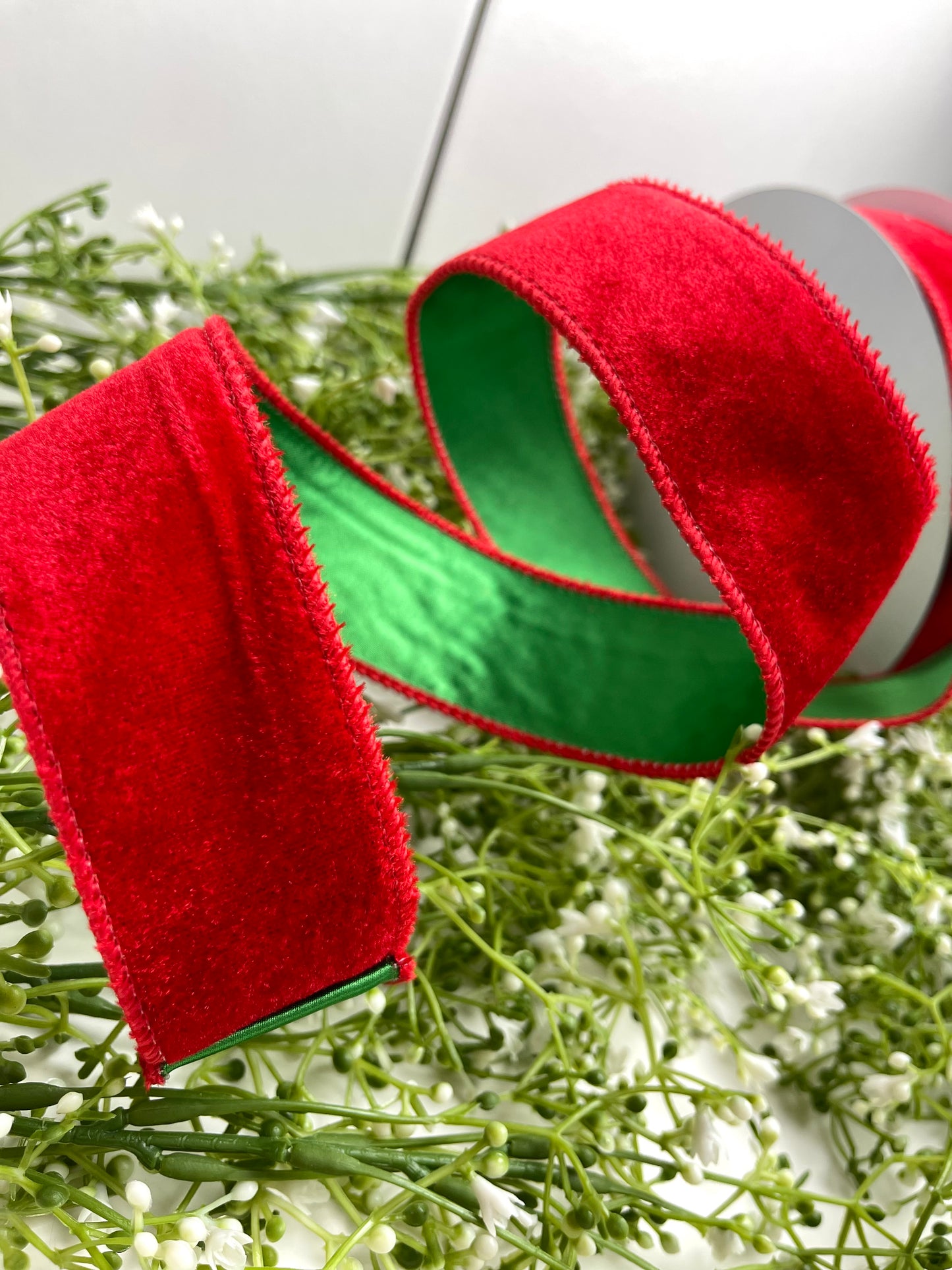 1.5 Inch By 10 Yard Red Velvet With Green Satin Backing Ribbon