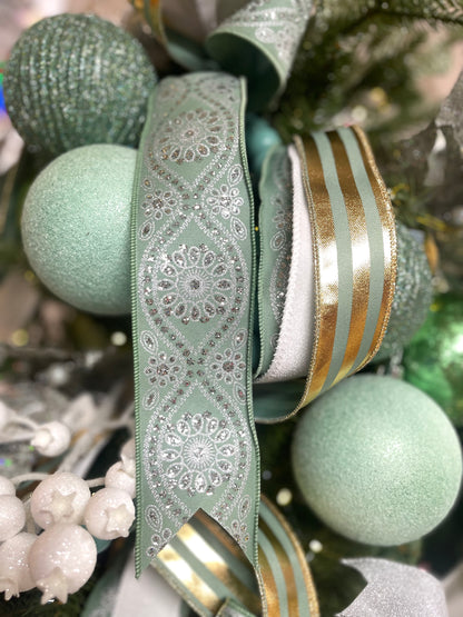 2.5 Inch By 10 Yard Mint Green And Silver Deluxe Wavy Floral Ribbon