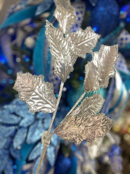 26 Inch Metallic Silver Foil Holly Leaf Spray
