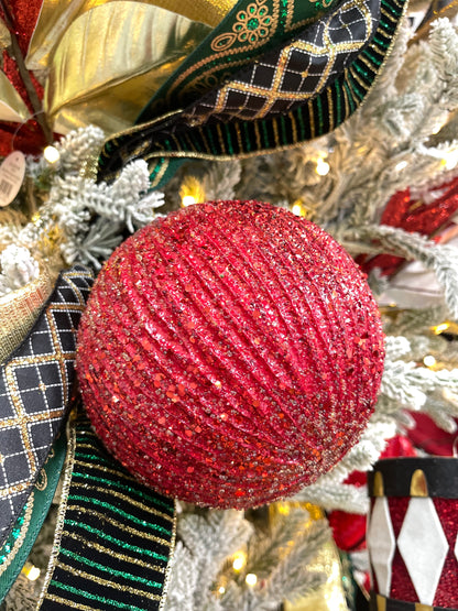 15 CM Red Beaded Glitter Ball Ornament