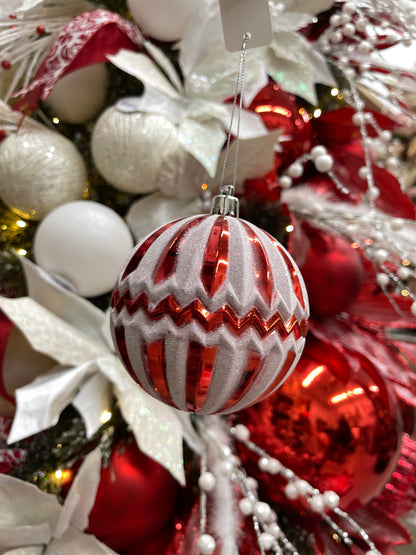 4 InchGlittered Chevron Stripes Ball Ornament Red And White