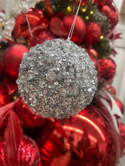 4 Inch Silver Ice Sequin Ball Ornament