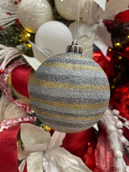 Pewter Silver Gold Horitonzal Striped Ball Ornament