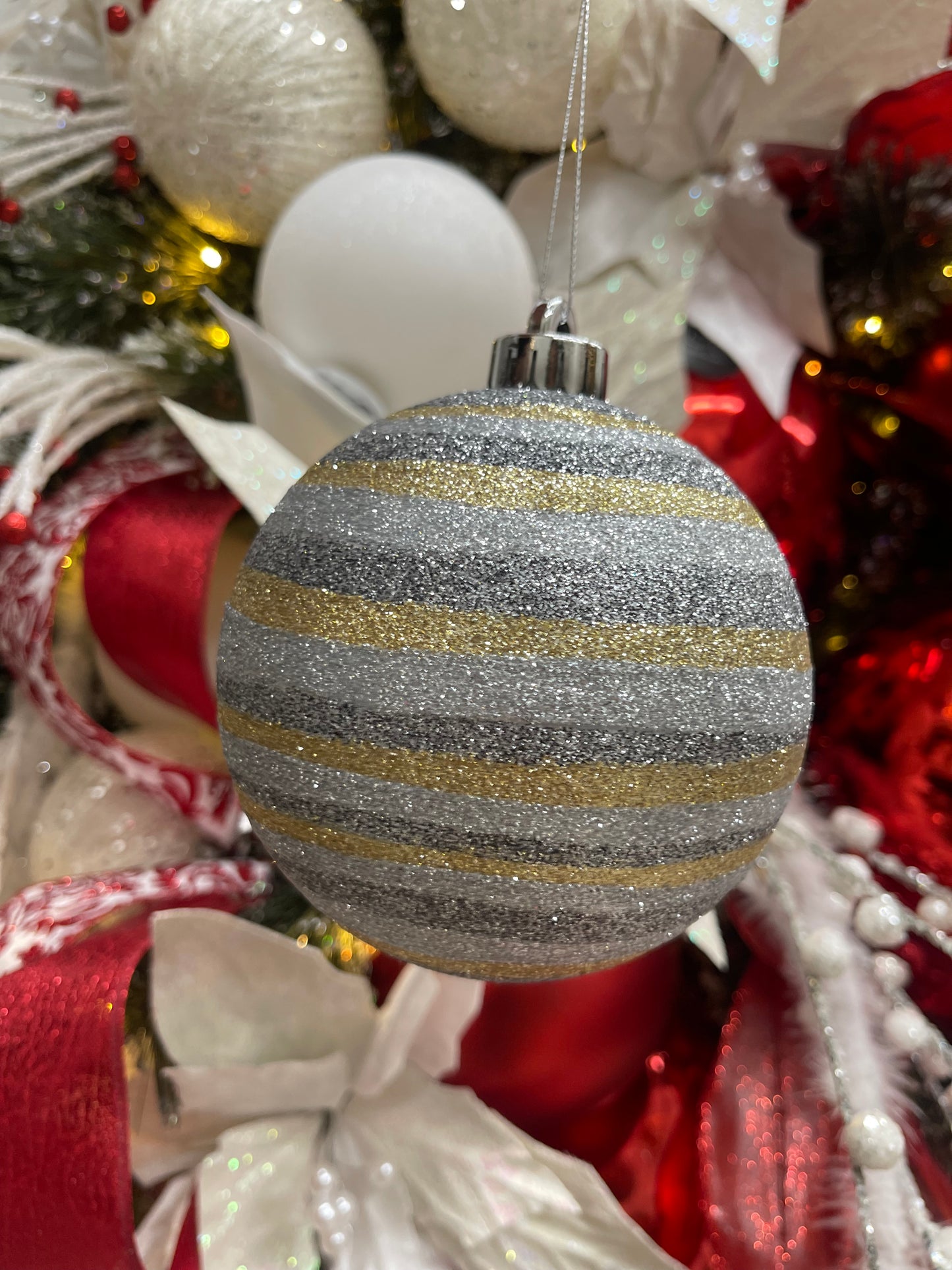 Pewter Silver Gold Horitonzal Striped Ball Ornament