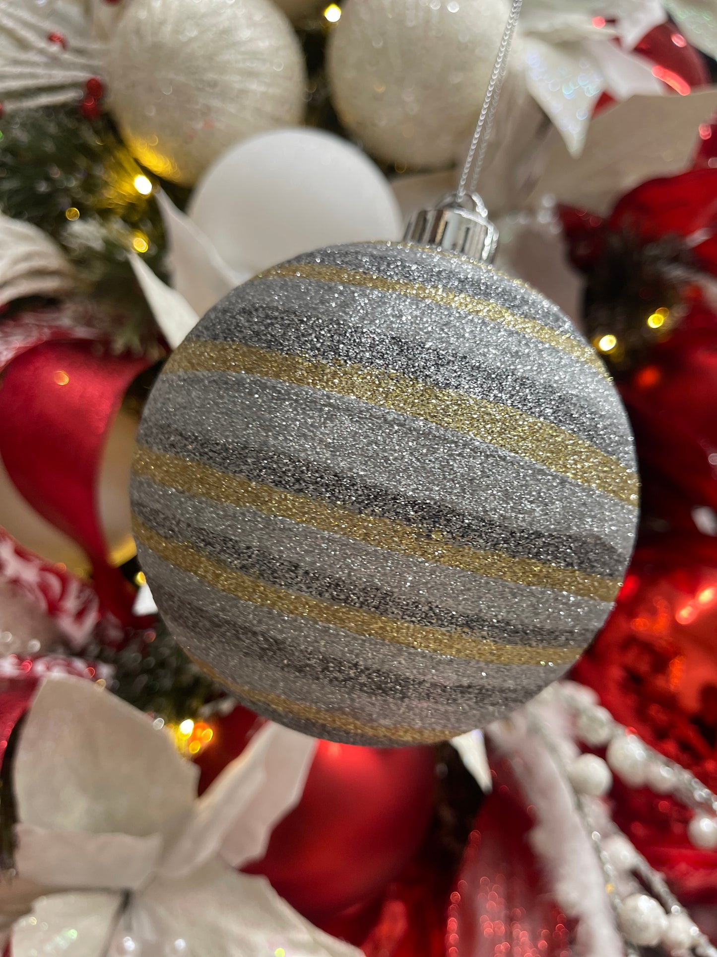 Pewter Silver Gold Horitonzal Striped Ball Ornament