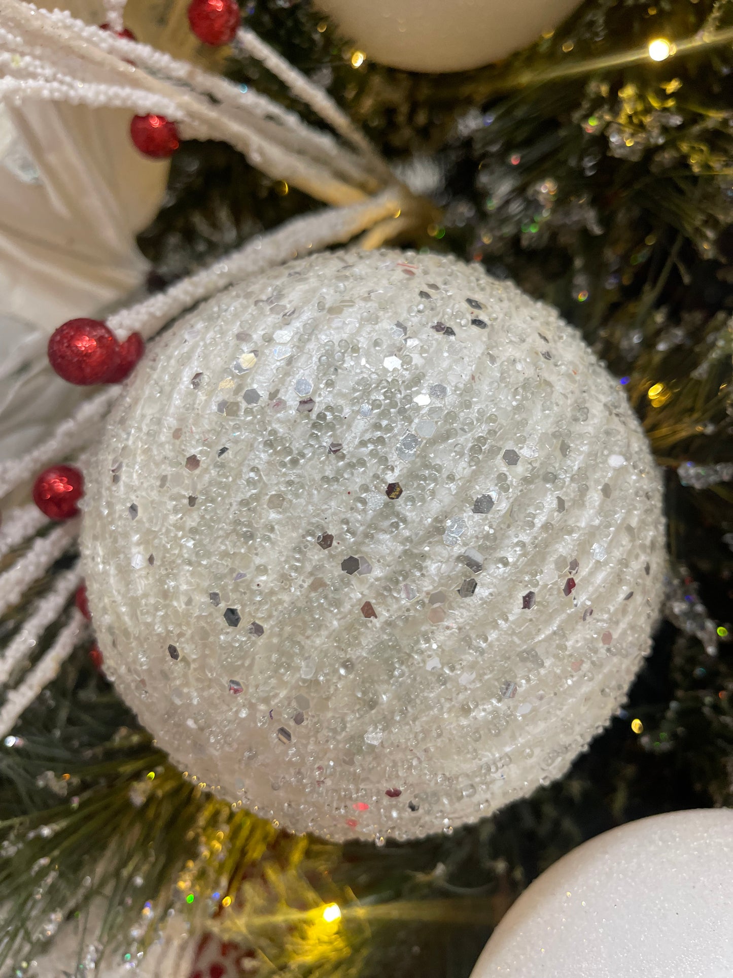 White Glitter Beaded Ball Ornament