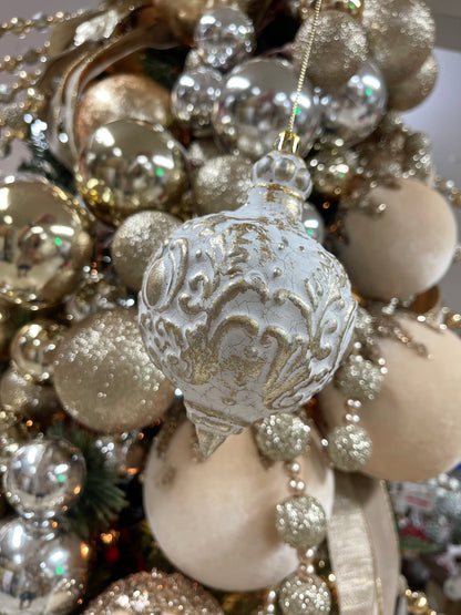 5 Inch Gold And White Plastic Finial Ball Ornament