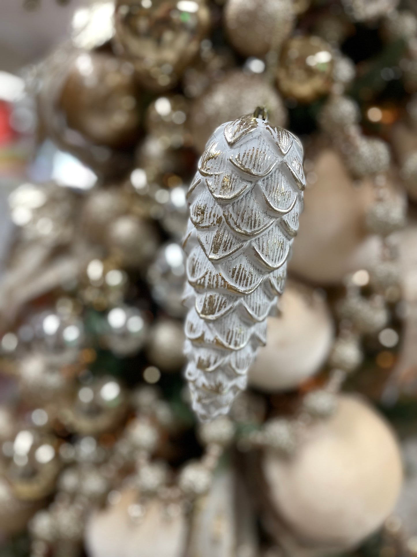 8 Inch White And Gold Plastic Pine Cone Ornament