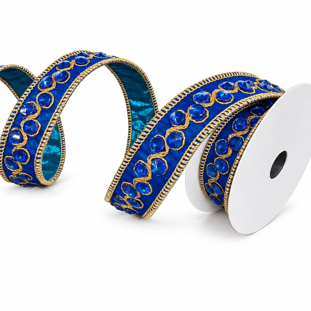 John Mark 1 Inch By 5 Yard Blue Jeweled Trim Metallic Dupioni Blue Ribbon