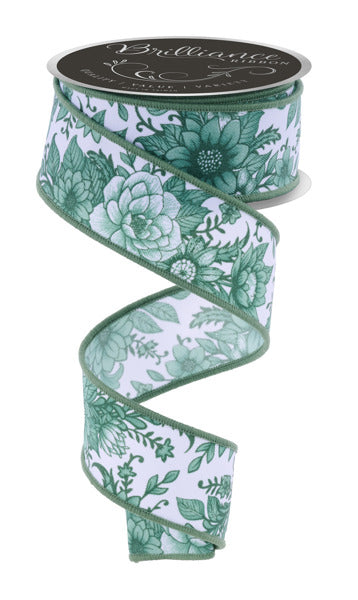 1.5 Inch By 10 Yard Sage And White Chinoiserie Florals Ribbon