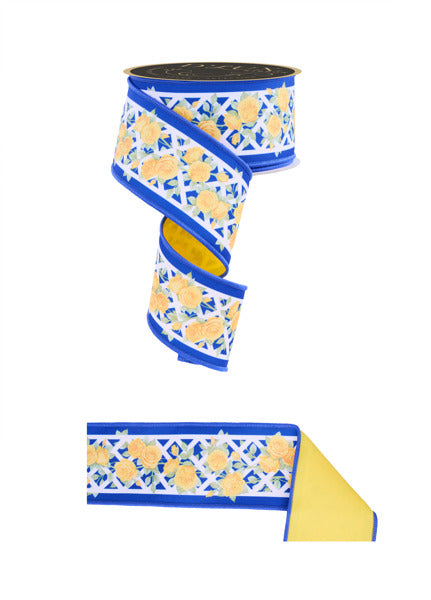 2.5 Inch By 10 Yard Blue And Yellow Rose Trellis Fused Backing Ribbon