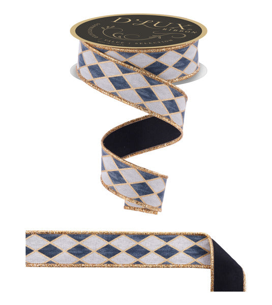 1.5 Inch By 10 Yard Black Gold And Cream Antique Harlequin Fused Ribbon