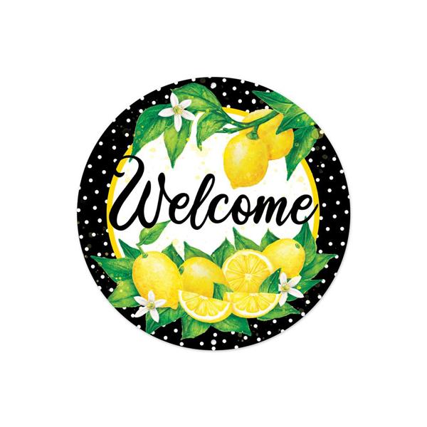 8 Inch Welcome Lemons With Polka Dot Border Metal Sign