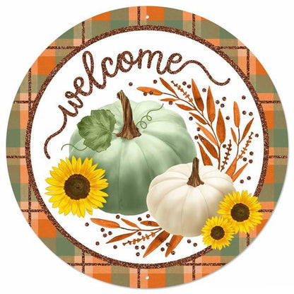 12 Inch Glitter Welcome With Pumpkin Design Metal Sign