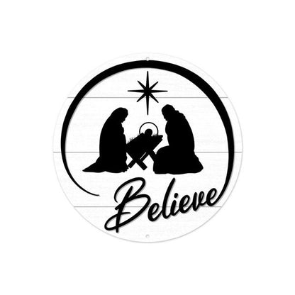 8 Inch Believe Black And White Nativity Scene Metal Sign