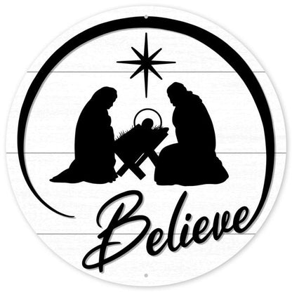 White And Black Believe Metal Sign With Nativity Scene