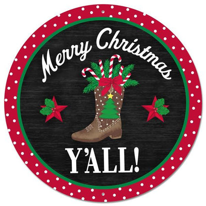 Merry Christmas Y'all Wreath Round Sign