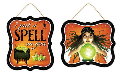7 Inch Halloween Spells Metal Sign Two Assorted