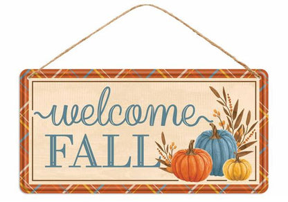 12 Inch Cream Blue Orange Welcome Fall Tin Sign