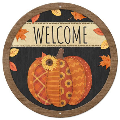 12 Inch Welcome Quilted Patch Pumpkin Metal Sign