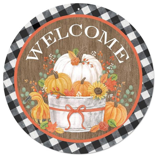 Welcome Pumpkin Bucket Metal Round Sign