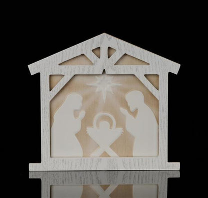 Light Brown And White Metal Nativity Scene Sign
