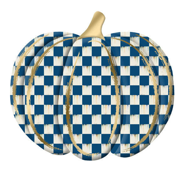 12 Inch Blue Antique White And Gold Check Pumpkin Metal Embossed Wreath Sign