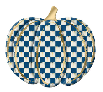 12 Inch Blue Antique White And Gold Check Pumpkin Metal Embossed Wreath Sign