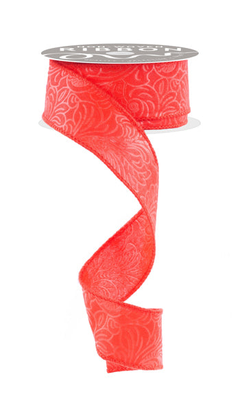 1.5 Inch By 10 Yard Red Floral Leaves Ribbon