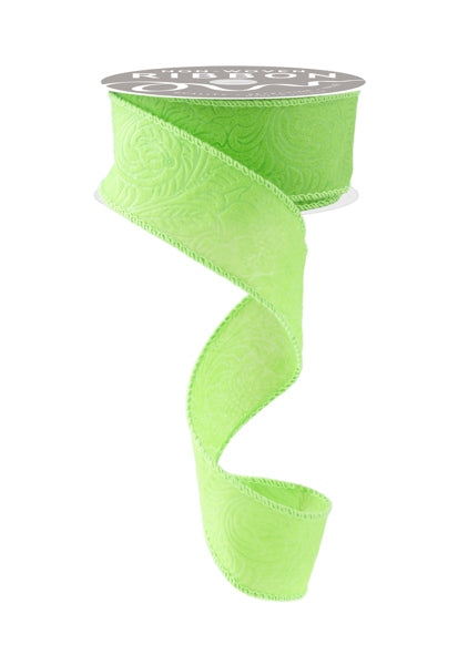 1.5 Inch By 10 Yard Lime Green Floral Leaves Ribbon