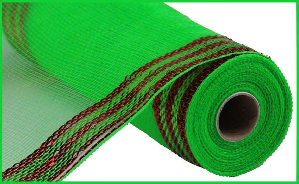 10 Inch By 10 Yard Lime And Red Border Stripe Metallic Mesh