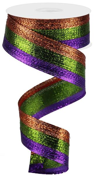 1.5 Inch By 10 Yard Purple Orange And Lime Metallic Stripe Ribbon