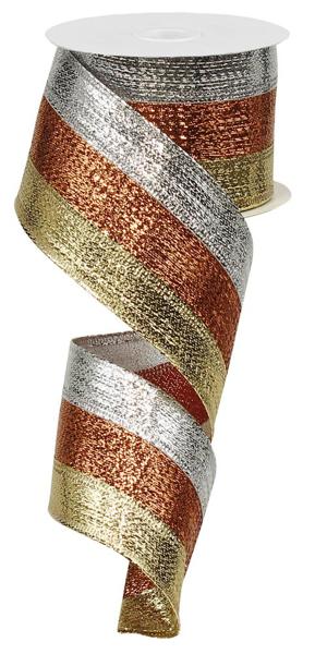 2.5 Inch By 10 Yard Silver Copper And Gold Striped Metallic Ribbon