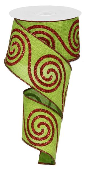 2.5 Inch By 10 Yard Red And Lime Green Large Swirl Ribbon