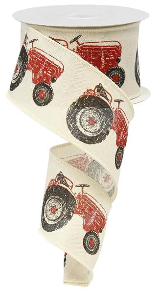 2.5 Inch By 10 Yard Red Tractor On Burlap Ribbon