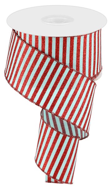 2.5 Inch By 10 Yard Ice Blue And Red Striped Ribbon