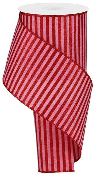 4 Inch By 10 Yard Pink And Red Glitter Striped Ribbon