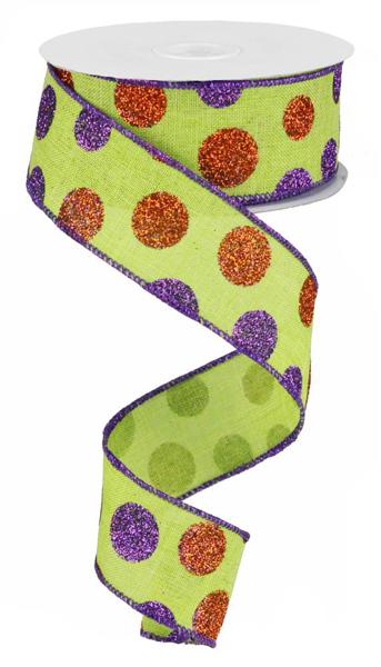 1.5 Inch By 10 Yard Lime Purple And Orange Glitter Polka Dot Ribbon